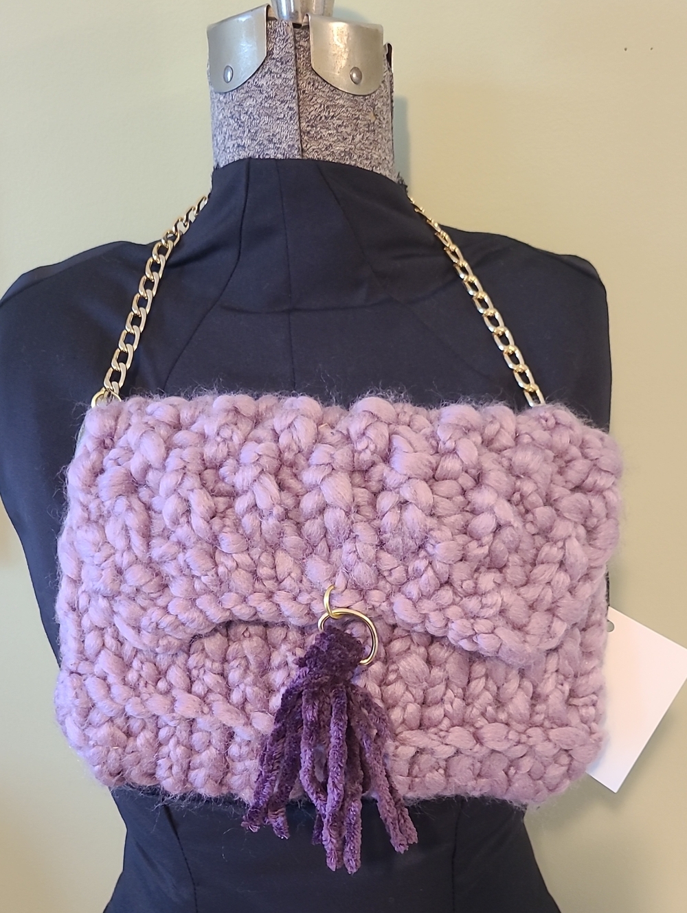 Plush Lavender Knit Shoulder Bag with Gold Chain By Grey Dove Creations